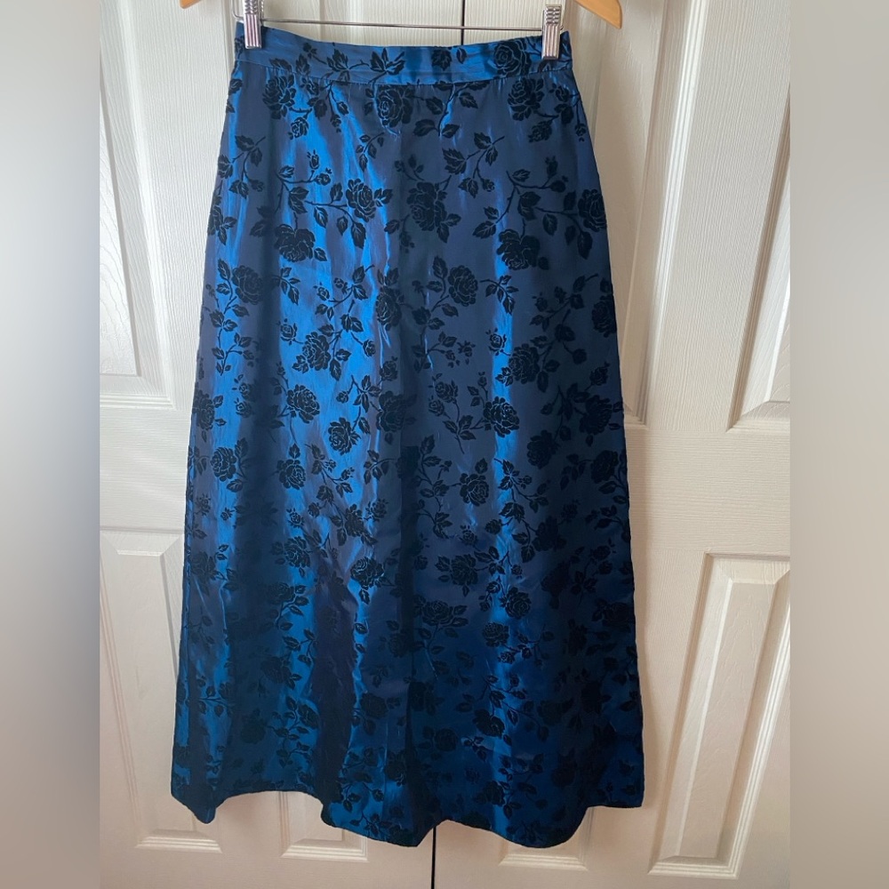 VINTAGE ALCHEMY Blue Iridescent Black Velvet Floral Burnout A-Line‎ Maxi Skirt 8